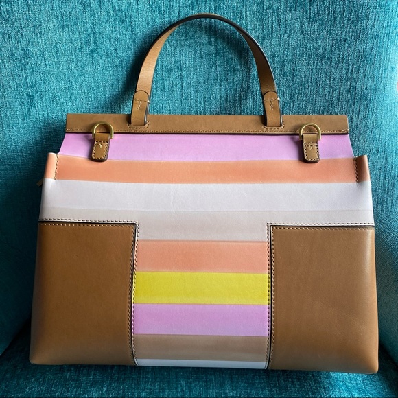 Tory Burch Block-T Degrade Vachetta Fresh Melon Leather Shoulder Strap Satchel - Picture 7 of 16